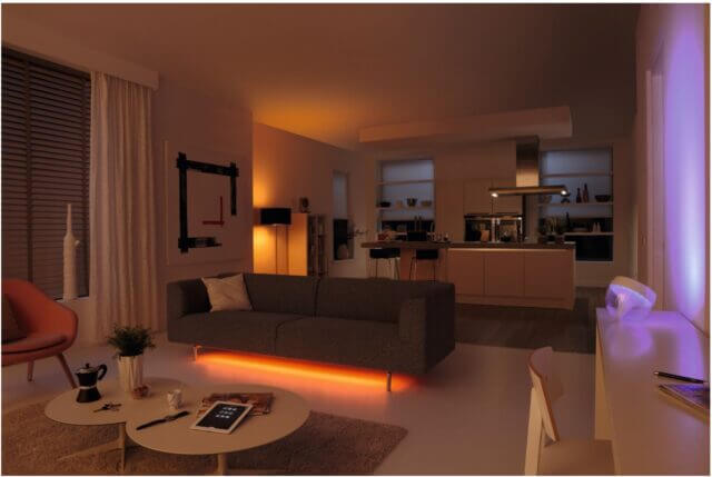 Living room set up with smart lighting
