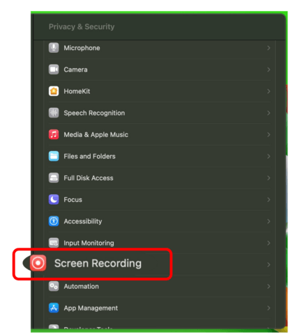 Privacy and Security menu on Macbook with Screen recording highlighted
