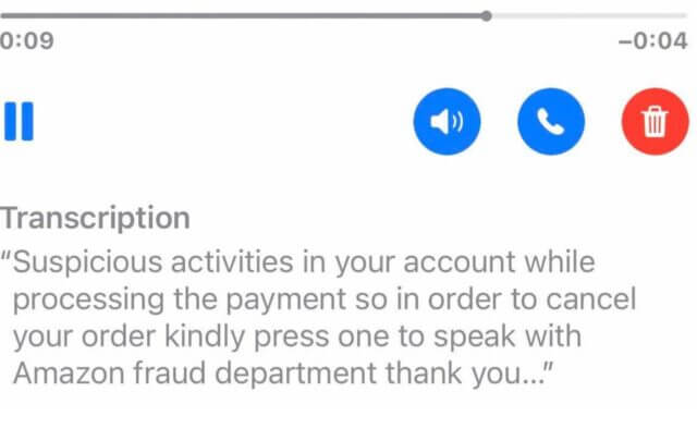 Vishing message that says Suspicious activities in your account while processing the payment so in order to cancel your order kindly press on to speak with Amazon fraud department thank you.