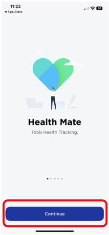 Health Mate home screen with Continue button at bottom of the screen highlighted.