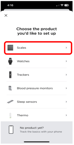 Screen with list of Withings products and Scales highlighted to show how to start to set up your Withings scale.