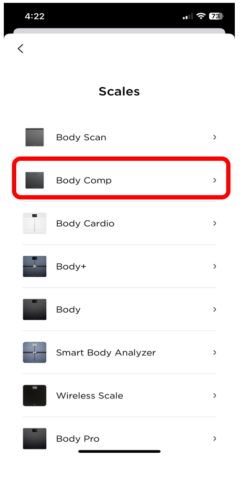 List of Withings scales with Body Comp highlighted to show how to choose the scale you want to set up.