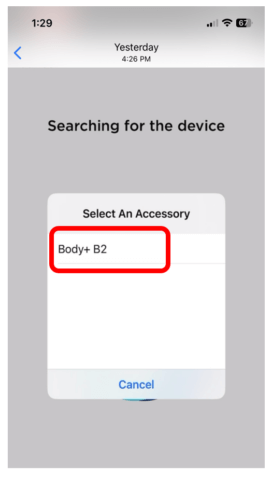 Screen that says Select an Accessory with Body+ B2 highlighted to show how to choose your device.