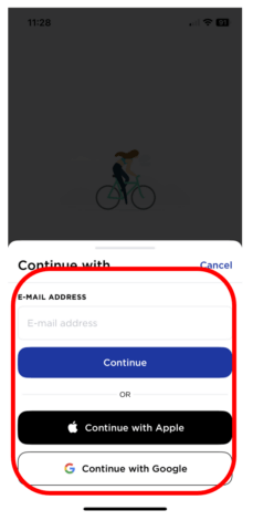 Continue with screen with Email address section highlighted to show how to use an account to pair with the Health Mate app.
