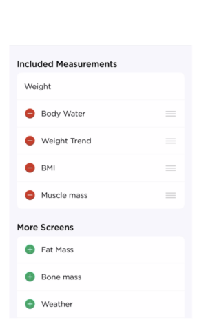 Measurements screen with body water, weight trend, BMI, muscle mass, fat mass, bone mass, and weather listed.