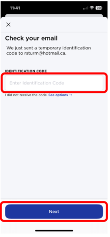 Enter Identification Code section highlighted to show where to input code that will be sent to your email.