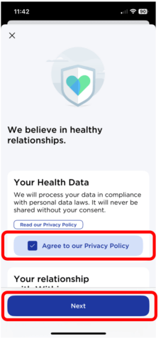 Health Mate App Your health data screen with Agree to our privacy policy and Next button highlighted.
