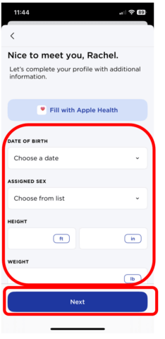 Additional information screen for Health Mate app with date of birth, assigned sex, height, and weight and Next button highlighted.