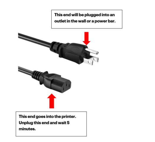 Black printer power cord explaing which end plugs into outlet and which end plugs into the printer.