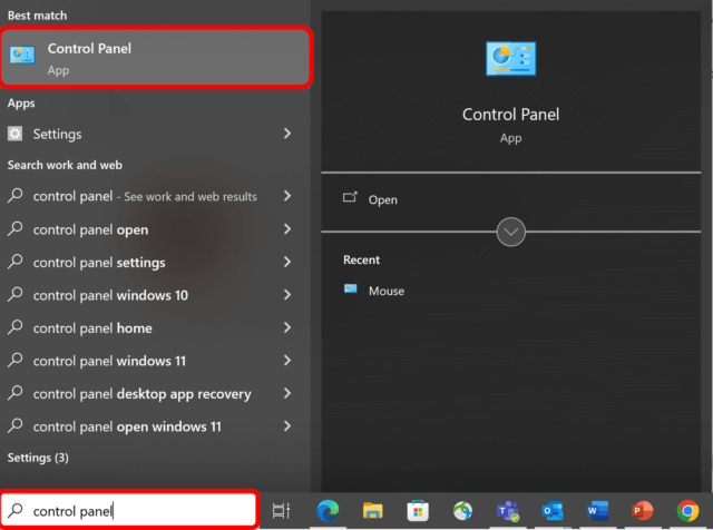 Windows menu with Control Panel app highlighted.