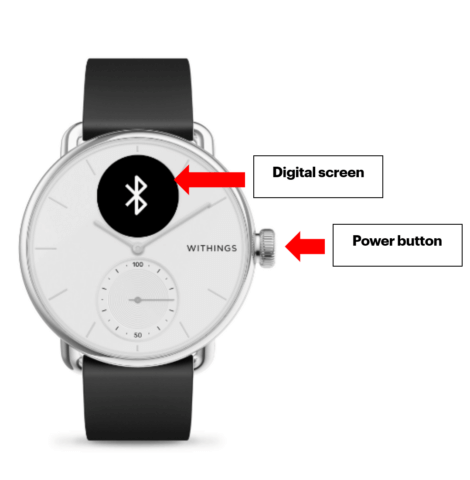 Black and silver Withings smart watch with Digital screen, and Power button on the right highlighted.