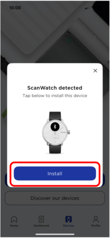 Screen that says ScanWatch detected. Tap below to install this device with Install button highlighted at bottom of the screen.