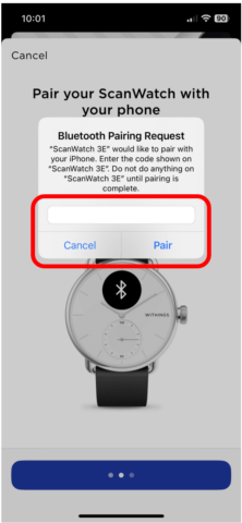 Screen that has popup that says Bluetooth Pairing request with box and Pair button highlighted to show where to input code and pair your watch.