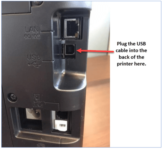 Back of printer to show where the USB cable gets plugged into.