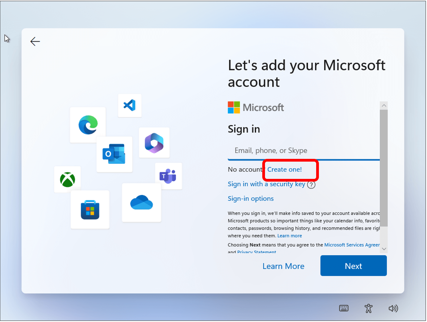 Microsoft account sign in screen with Create one! highlighted in red.