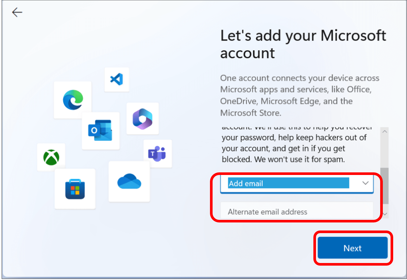 Screen to add secondary email to Microsoft account with Add email highlighted and then Next highlighted in bottom right corner.