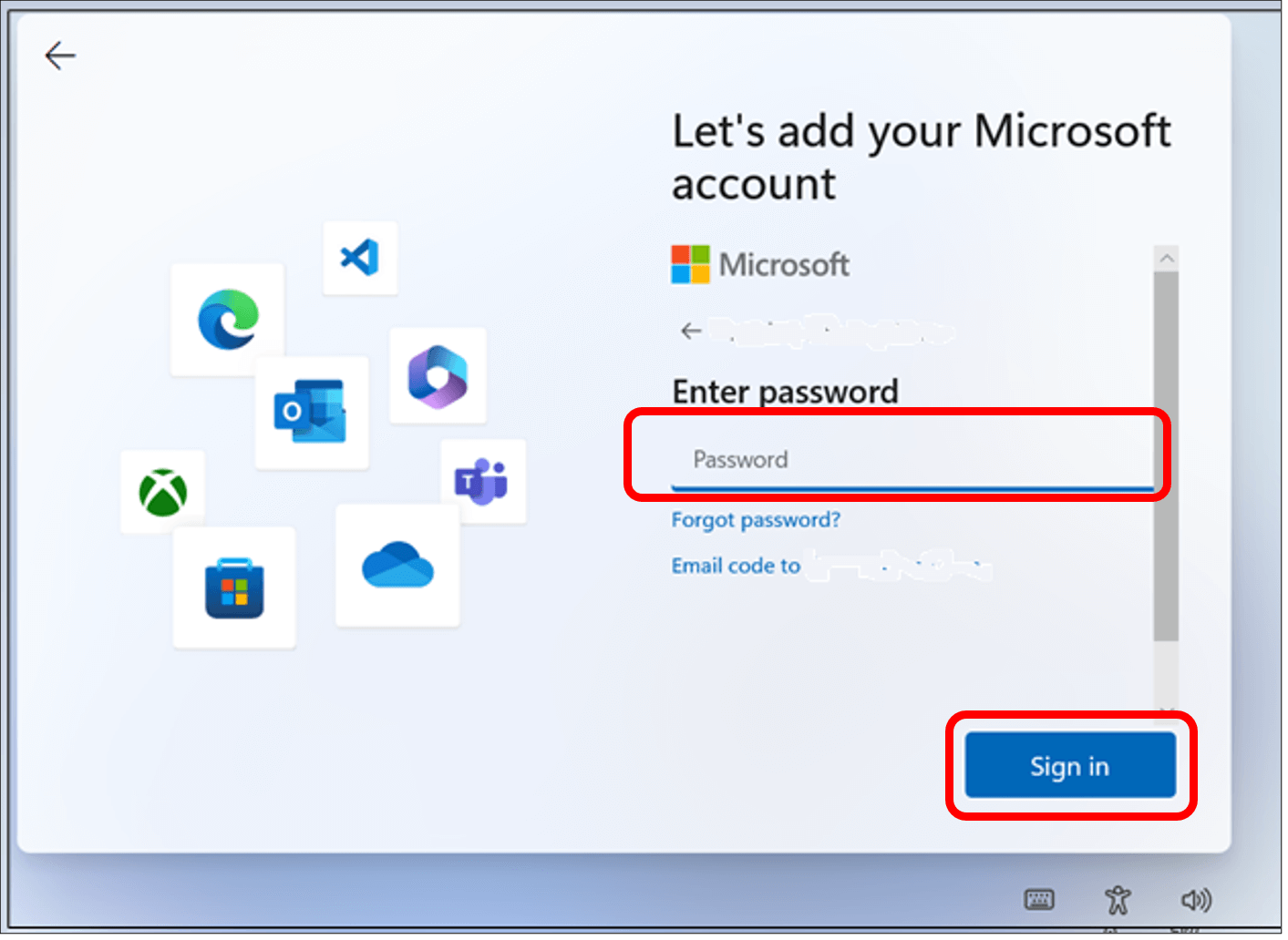 Enter password highlighted to show where to input your email password and Sign in highlighted in bottom right corner to sign into account.