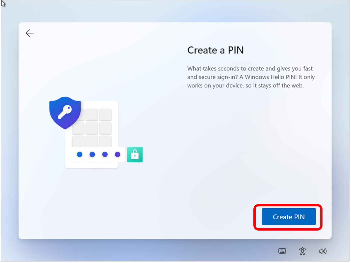Create a PIN screen with create a pin button highlighted in bottom right corner.
