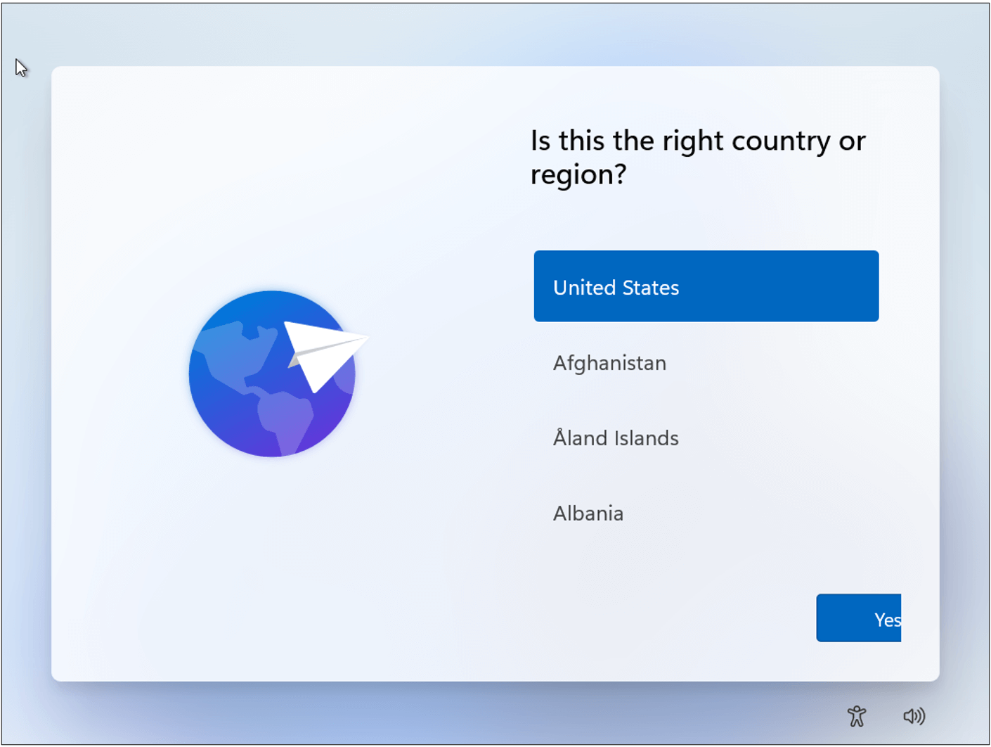 Windows region screen with United States in blue to show how to choose your region. 