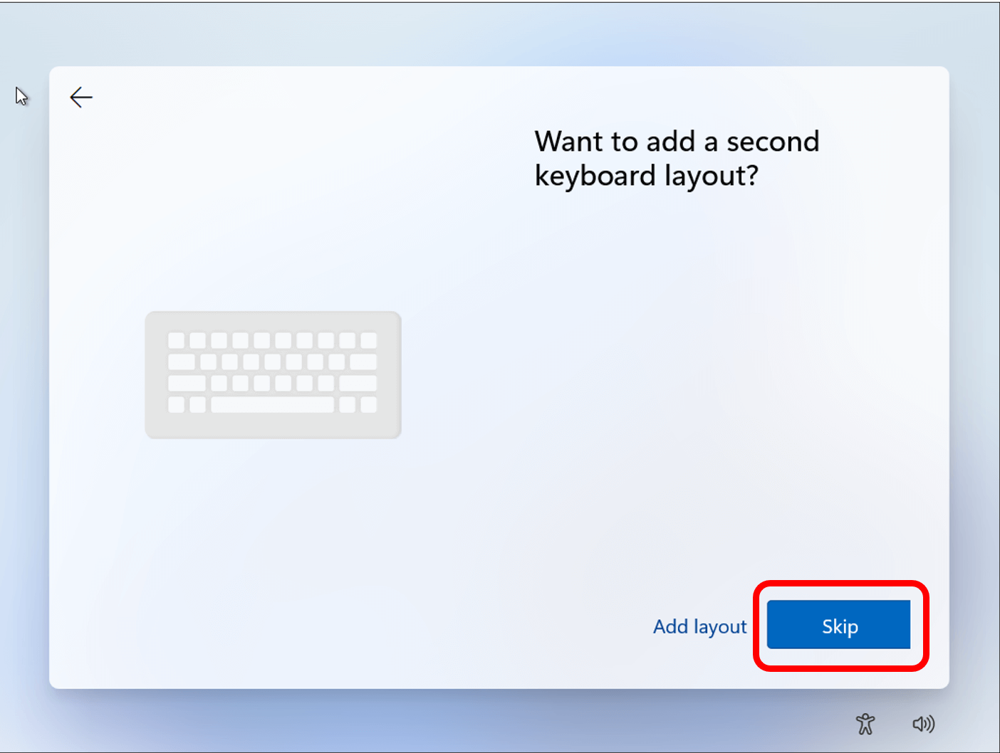 Screen asking to add a second keyboard layout and skip button highlighted in red at bottom of the screen.