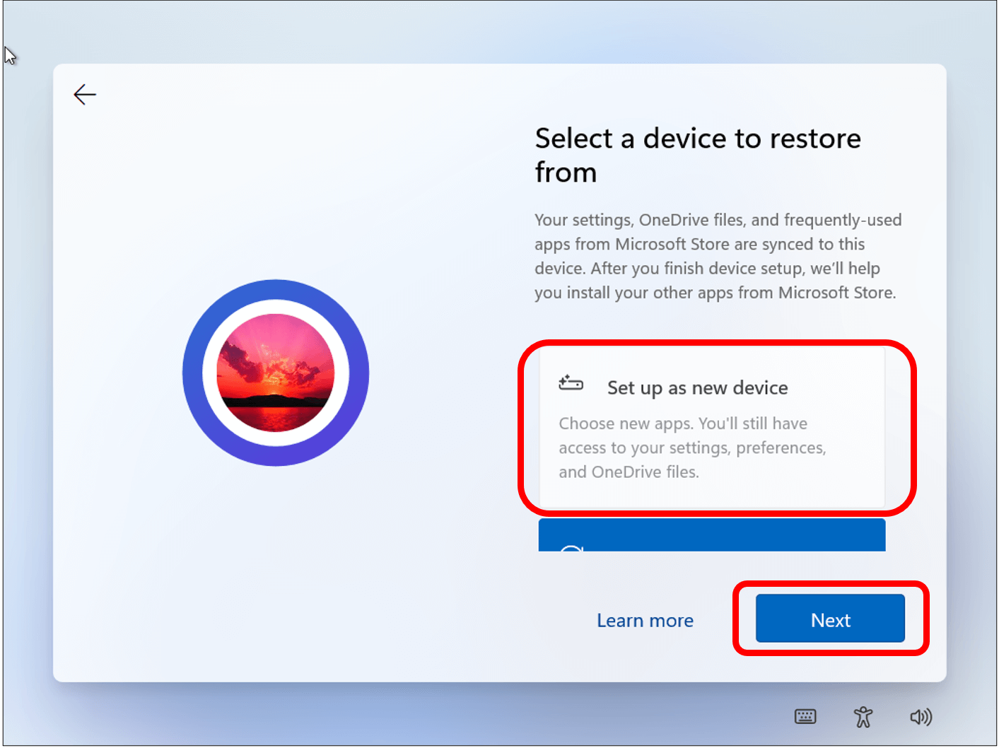Select a device screen with Set up as new device highlighted to show how to set up a Windows computer as new device.