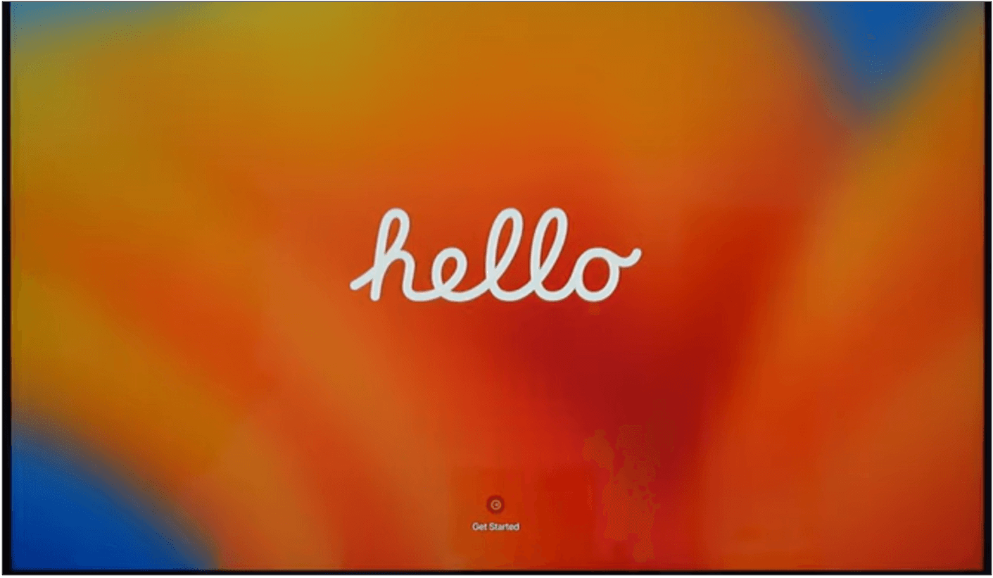 Orange, red and blue screen with hello written in the center in white.