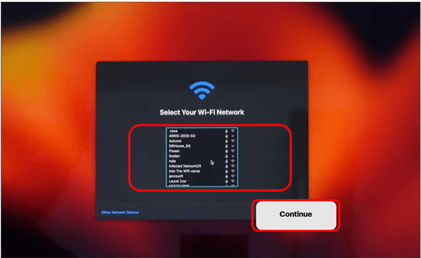 List of Wi-Fi networks highlighted to show how to connect to a network with Continue button highlighted in bottom right corner.