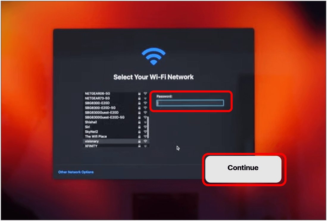 Enter Wi-Fi password highlighted and Continue button highlighted in bottom right corner to show how to join a network.
