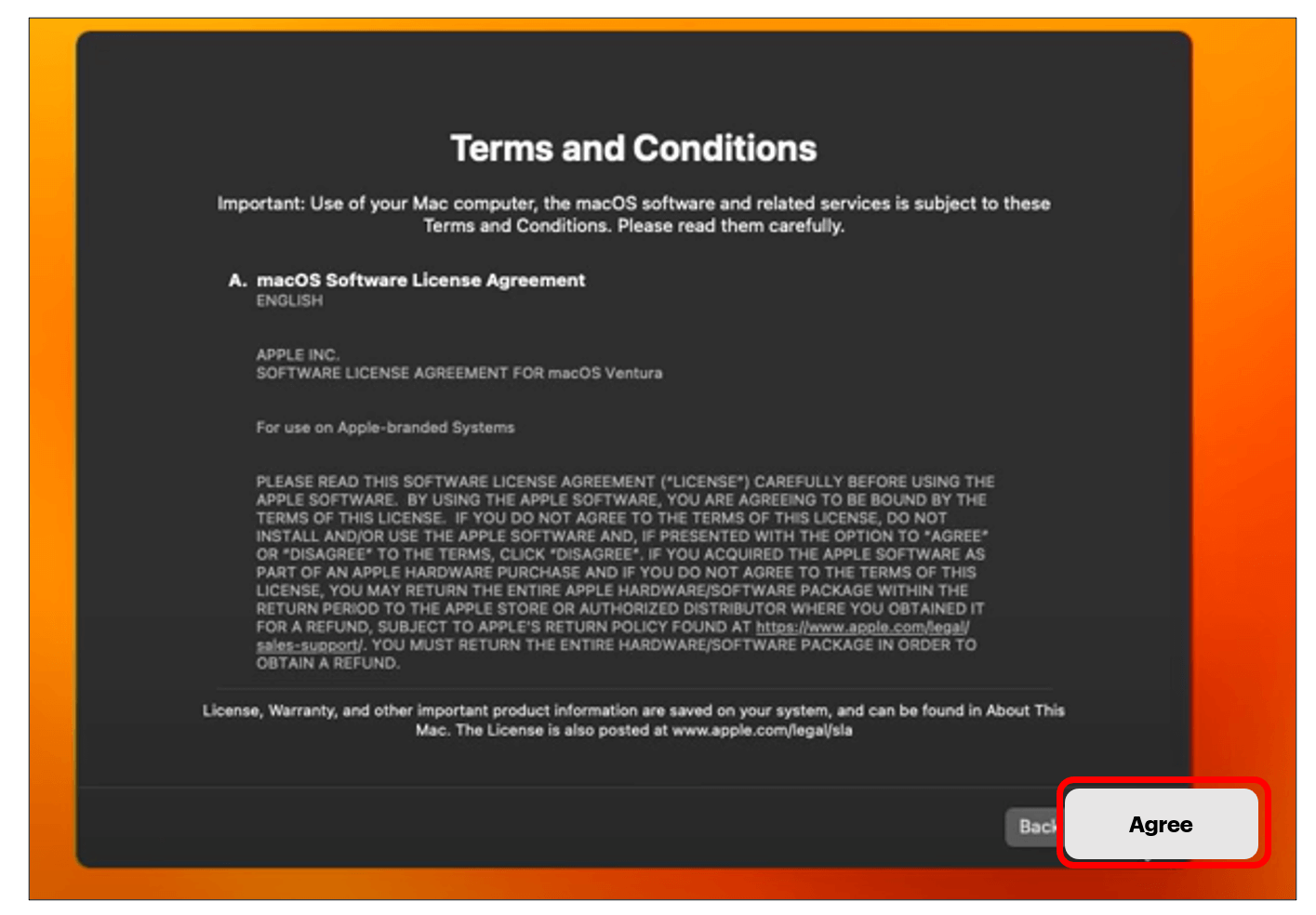 Terms and conditions with Agree highlighted in red in bottom right corner.