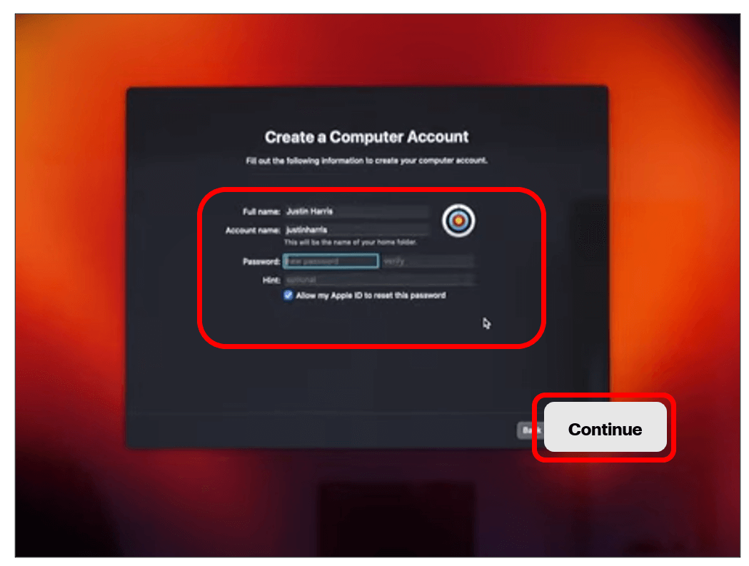 Create a Computer Account screen to show how to create an account to access your computer with Continue highlighted in bottom right corner.