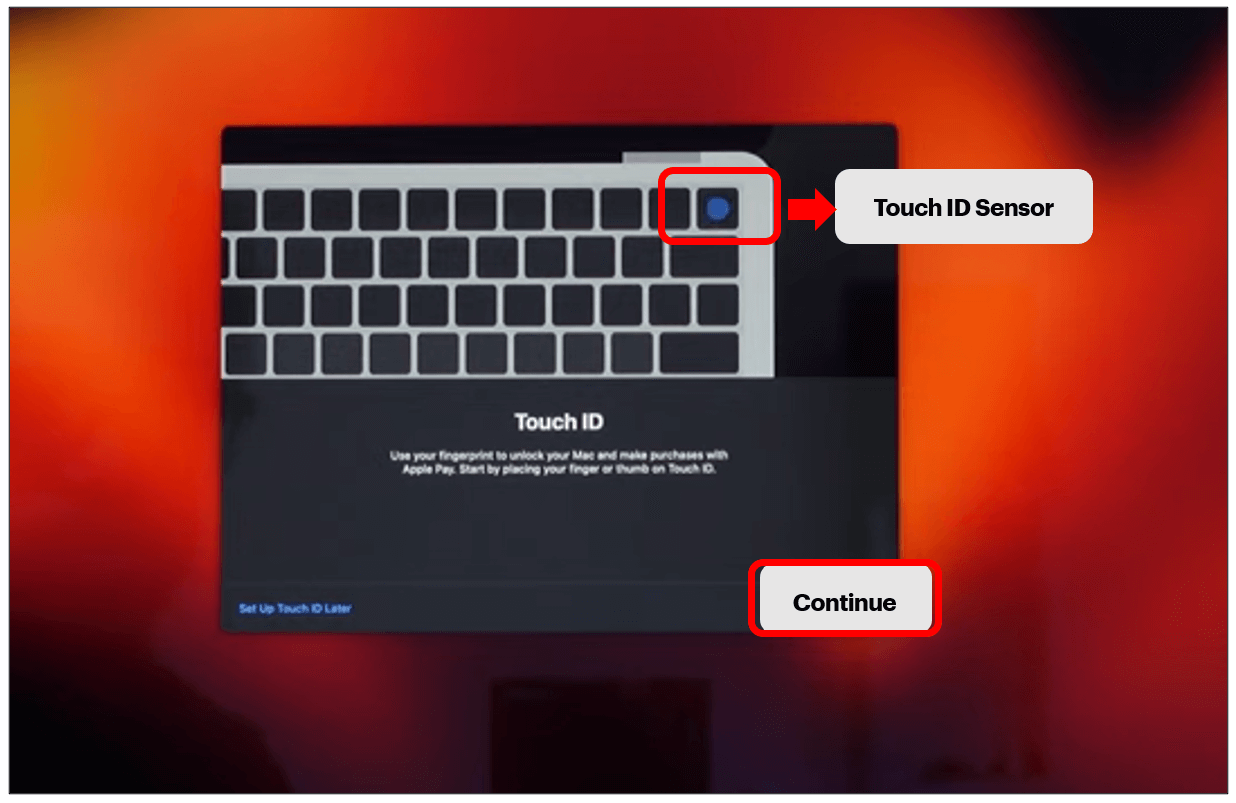 Touch ID set up screen with Continue highlighted to show how to set up touch ID on your Mac.