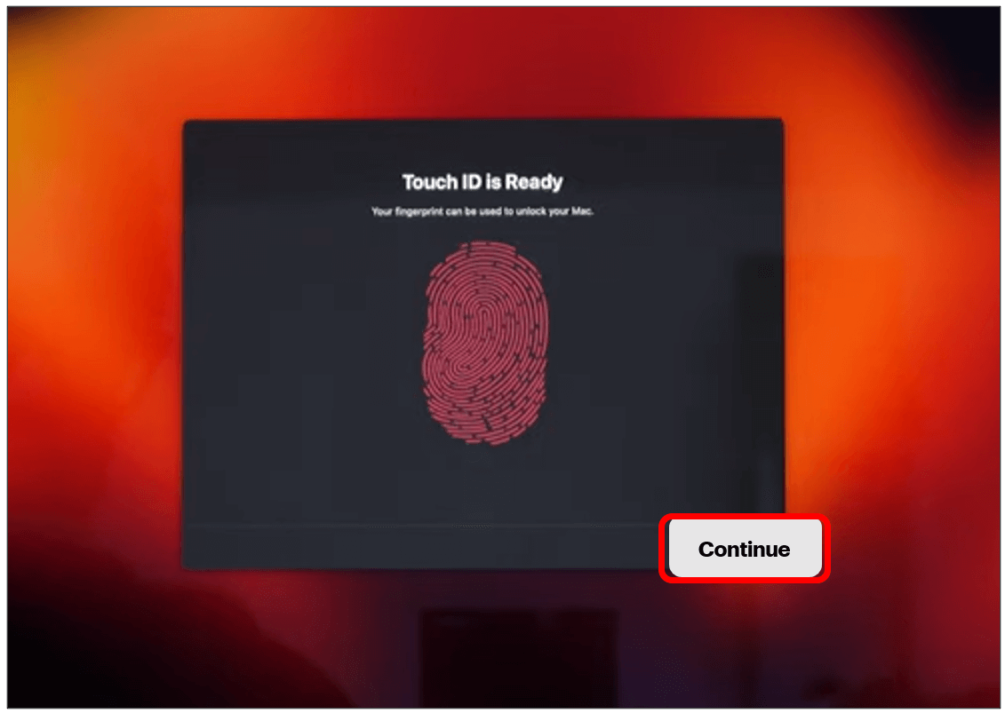 Touch ID is ready screen with Continue button highlighted in bottom right corner.