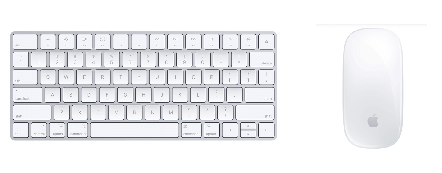 Apple Magic keyboard and white Magic mouse.