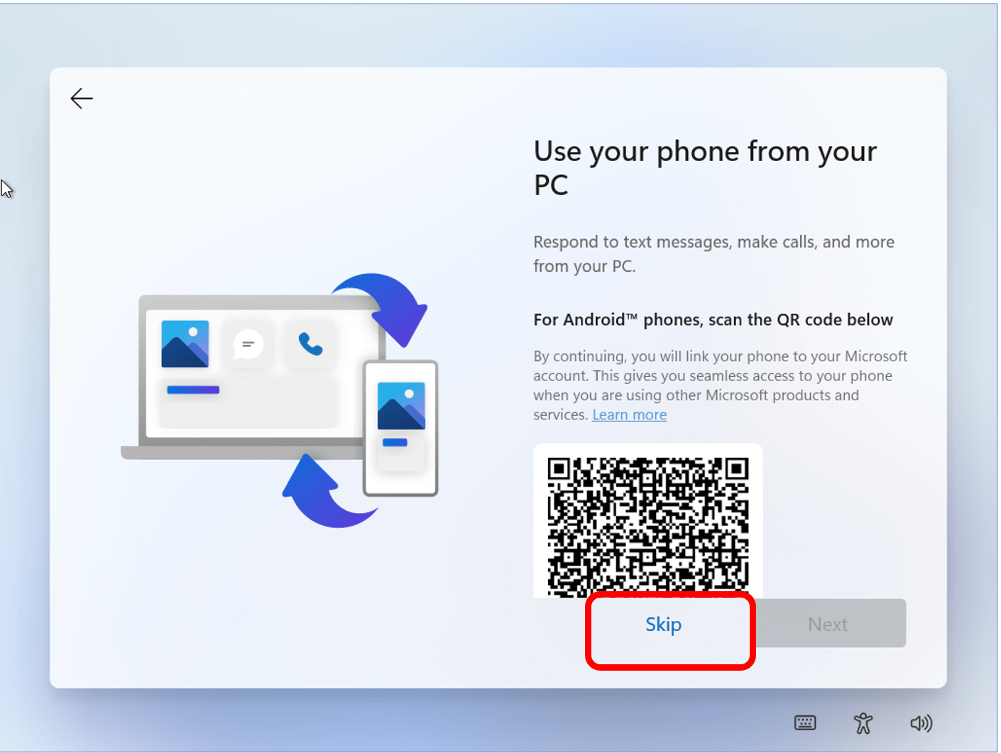 Screen to set up your phone with your PC with skip button highlighted at bottom of screen.