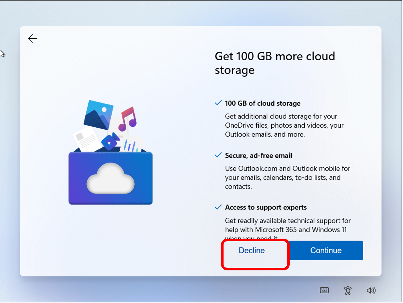 Cloud storage offer screen with Decline highlighted at bottom of the screen.
